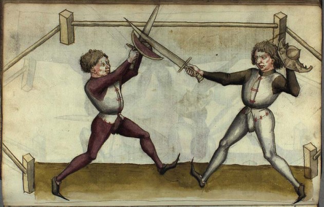 duello cavalieri spada arme medievale scudo brocchiero